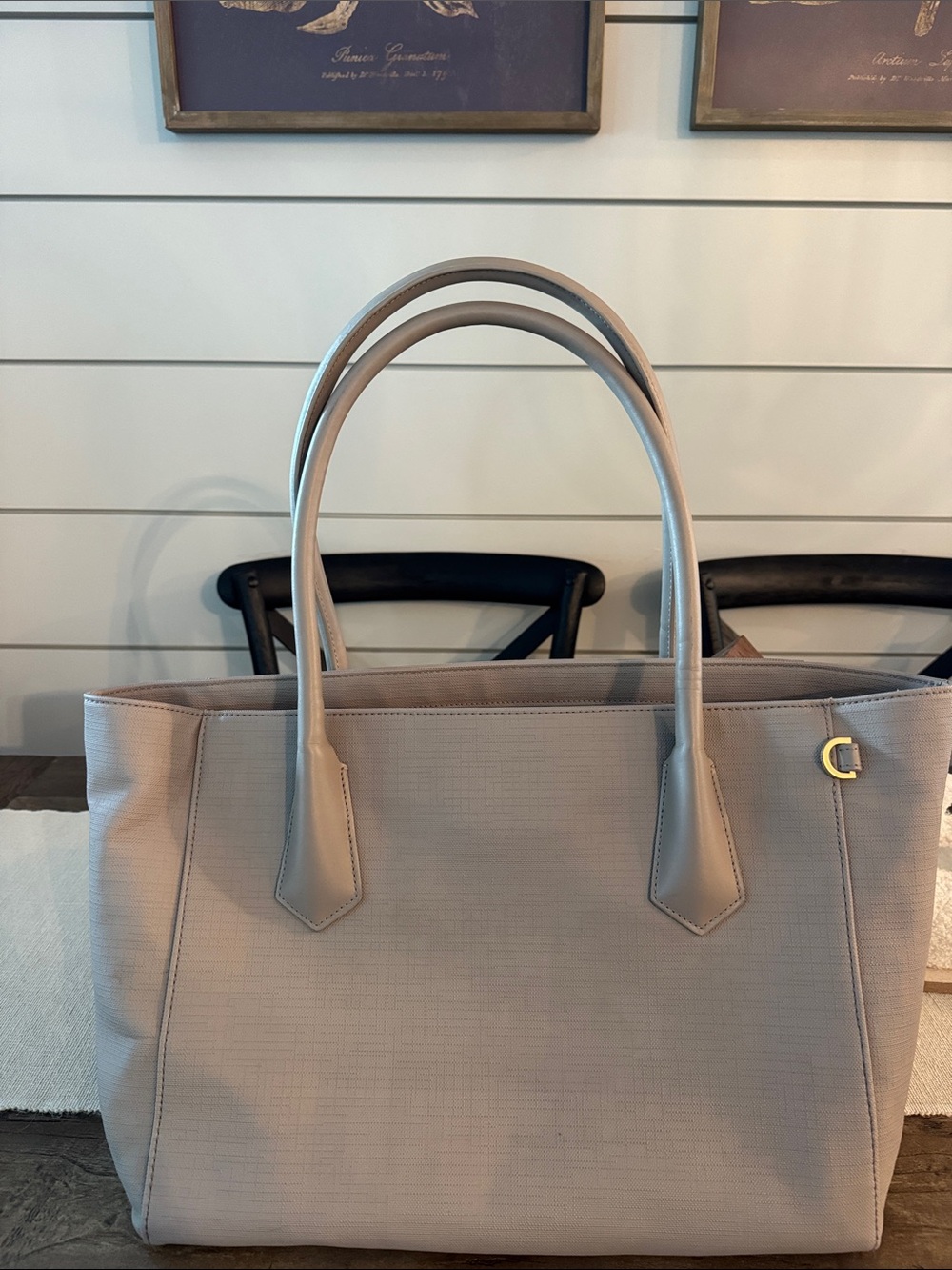 Dagne Dover Light Taupe Structured Tote with Gold Accent